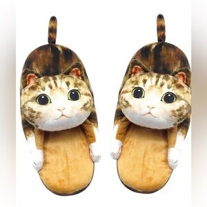 Cute 3D Cat Plush Slippers Cozy Fuzzy Indoor Shoes with Tail Detail.